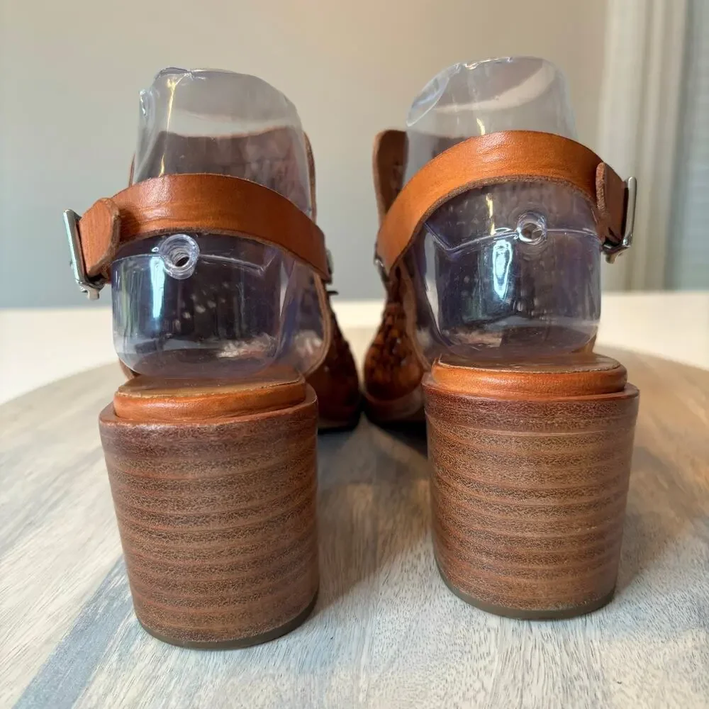 Rag & Bone Wyatt Willow Woven Leather Peep Toe Slingback Heels Brown Size 8 Boho - Picture 9 of 15